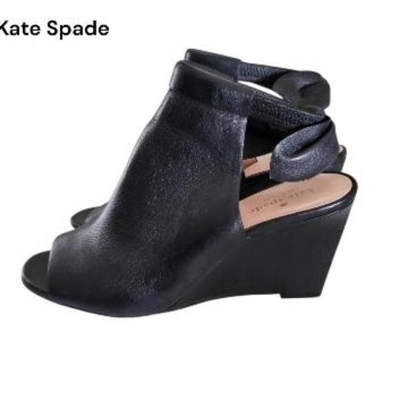 Kate Spade Bow Leather Open Peep Toe High Heel Wedge Dress Sandal Black Women 10 - Picture 9 of 13